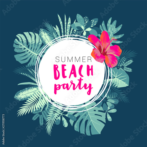 Summer Beach Party flyer template with tropical leaves