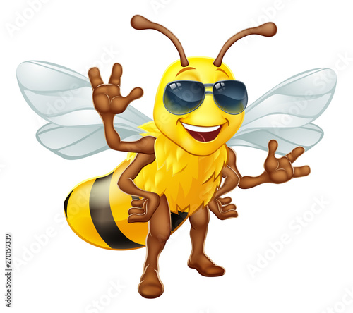 A cool bumble bee cartoon character in sunglasses or shades standing and waving