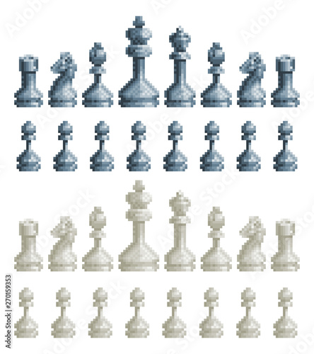 Chess pieces set icons in an 8 bit pixel video game art style