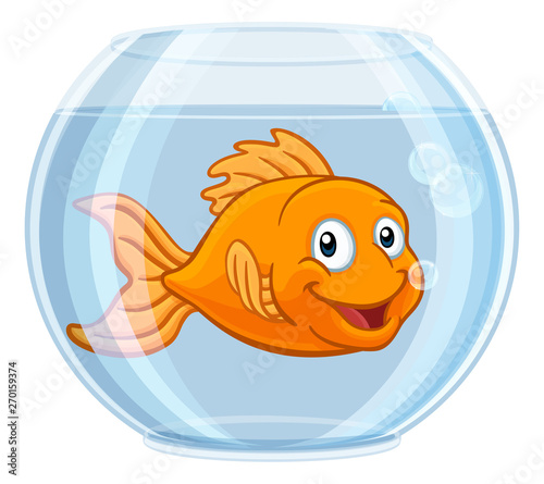 Fotografia, Obraz A goldfish in a gold fish bowl happy cute cartoon character