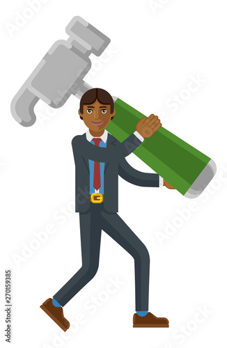 An asian businessman cartoon character mascot man holding a big hammer business concept 