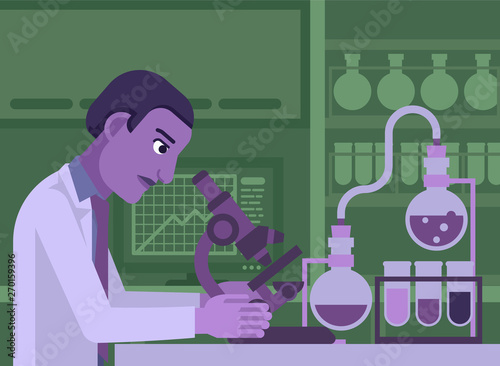 A black scientist working in a scientific laboratory with microscope and other science lab equipment
