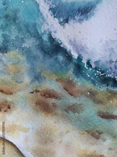 Watercolor yellow blue spotted background. Sea view from above 