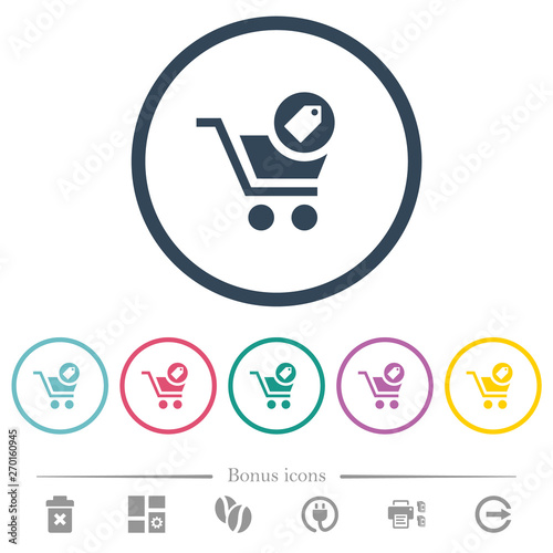 Product purchase features flat color icons in round outlines