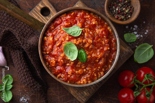 Traditional italian Bolognese sauce in saucepot