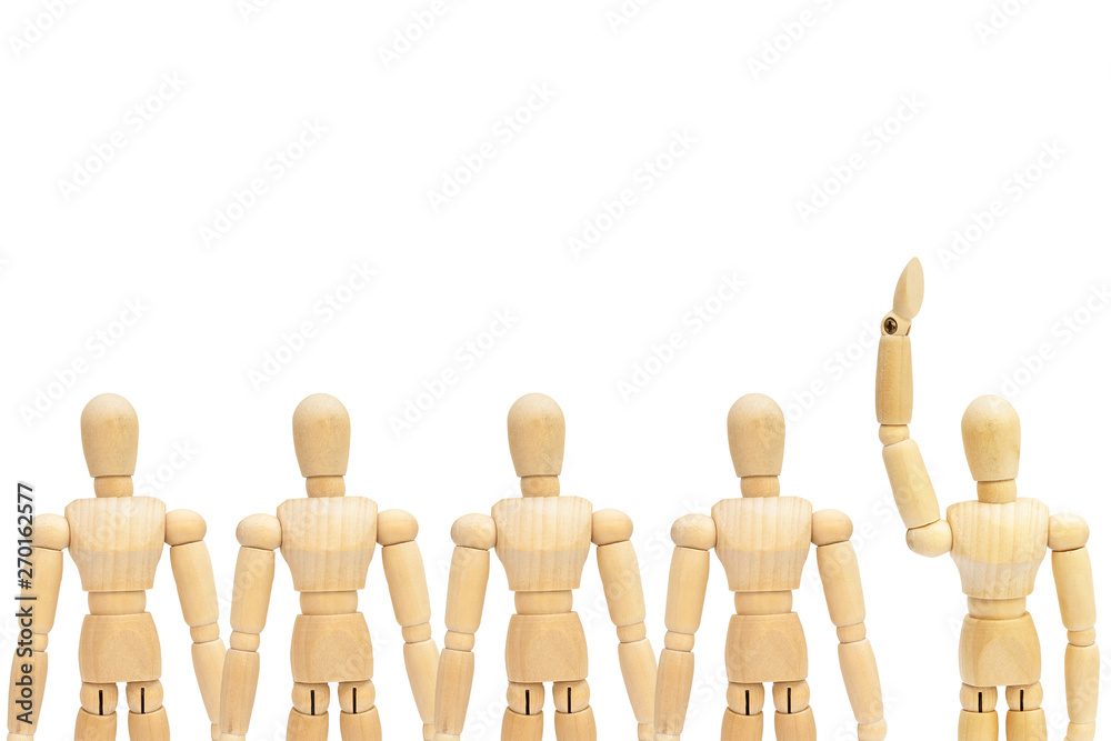 Business Leadership Concept : One in group of wooden figure mannequin rise hand up on white background. Business Leadership Concept : One in group of wooden figure mannequin rise hand up on white background.