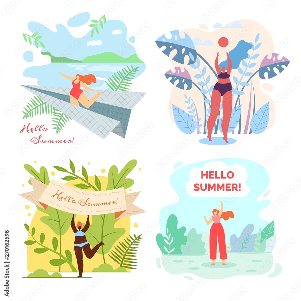 Fototapeta premium Zestaw ilustracji wektorowych jest napisany Hello Summer.