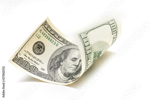 Single Hundred Dollar Bill Curled on White
