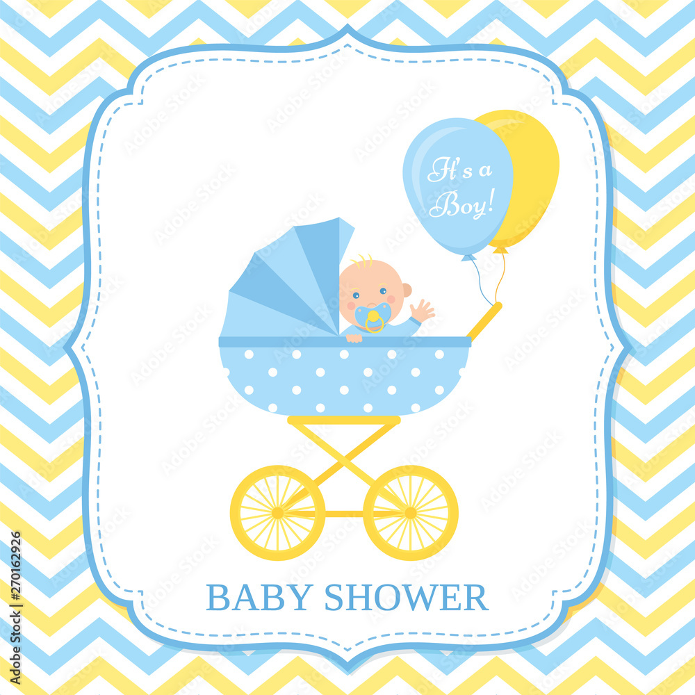 Baby boy invite card. Vector. Baby Shower invitation. Blue design banner.  Cute birth party background. Welcome template. Happy greeting poster with  newborn kid and pram. Cartoon flat illustration. vector de Stock