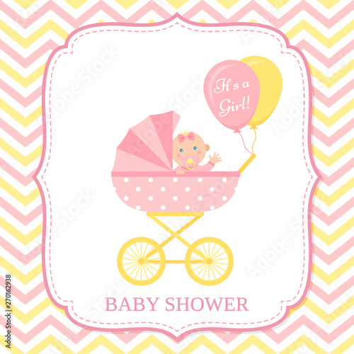 Baby girl invite card. Vector. Baby Shower invitation. Pink design banner. Cute birth party background. Welcome template. Happy greeting poster with newborn kid and pram. Cartoon flat illustration.