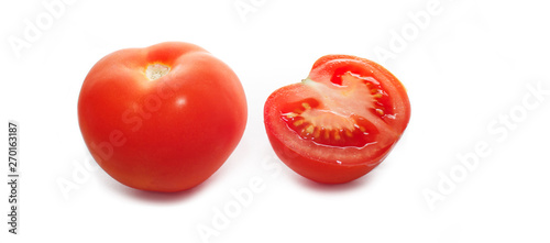 red tomato whole and half tomatoes with water drops on white background cut out close-up