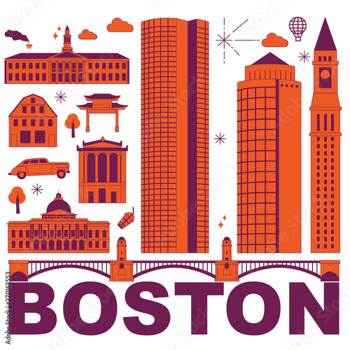 Boston culture travel set, famous architectures and specialties in flat design. Business travel and tourism concept clipart. Image for presentation, banner, website, advert, flyer, roadmap, icons