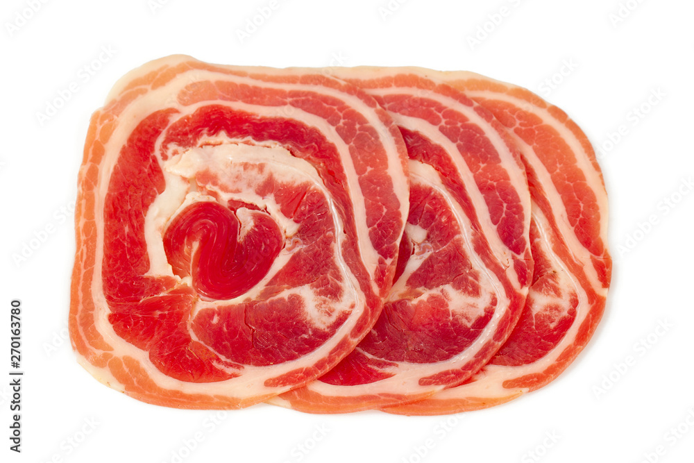 close up of italian pancetta bacon isolated