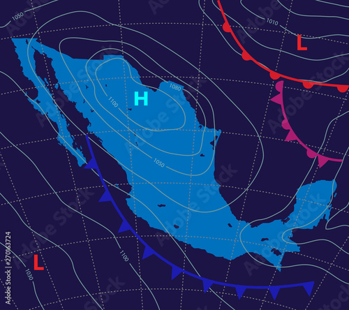 Mexico.Weather map of the Mexico. Meteorological forecast on a dark background. Realistic and Editable synoptic map of the country showing isobars and weather fronts. Vector illustration. EPS 10.