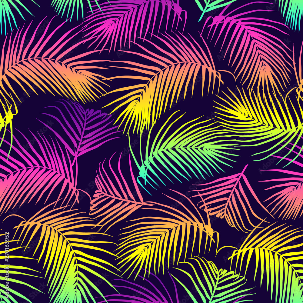 Colorful palm leaves seamless vector pattern. Tropical neon gradient ...