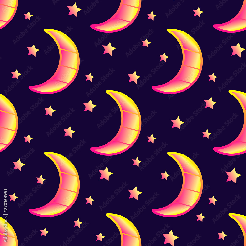 Seamless pattern with crescent moons and stars in the night sky. Vector