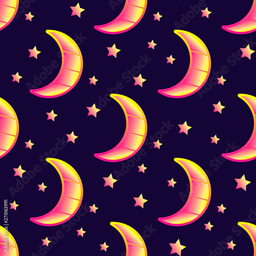 Seamless pattern with crescent moons and stars in the night sky. Vector wallpaper. Dark blue background.