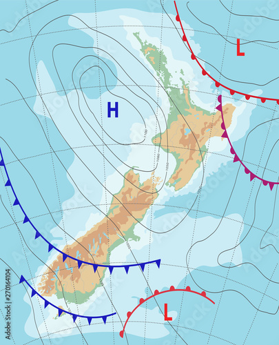 Weather map of the New Zealand.Meteorological forecast. Topography map. Editable vector illustration of a generic weather map showing isobars and weather fronts.