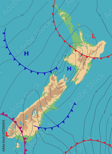 Realistic weather map of the New Zealand showing isobars and weather fronts. Meteorological forecast. Topography map. Vector illustration.