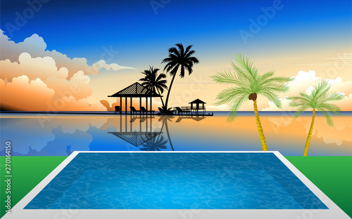 landscape of swimming pool on the beach in sunset