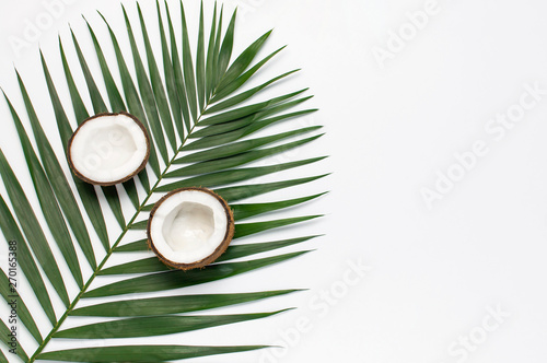 Tropical leaves and fresh coconut on light gray background. Flat lay, top view, copy space. Summer background, nature. Healthy cooking. Creative healthy food concept, half of coconut photo