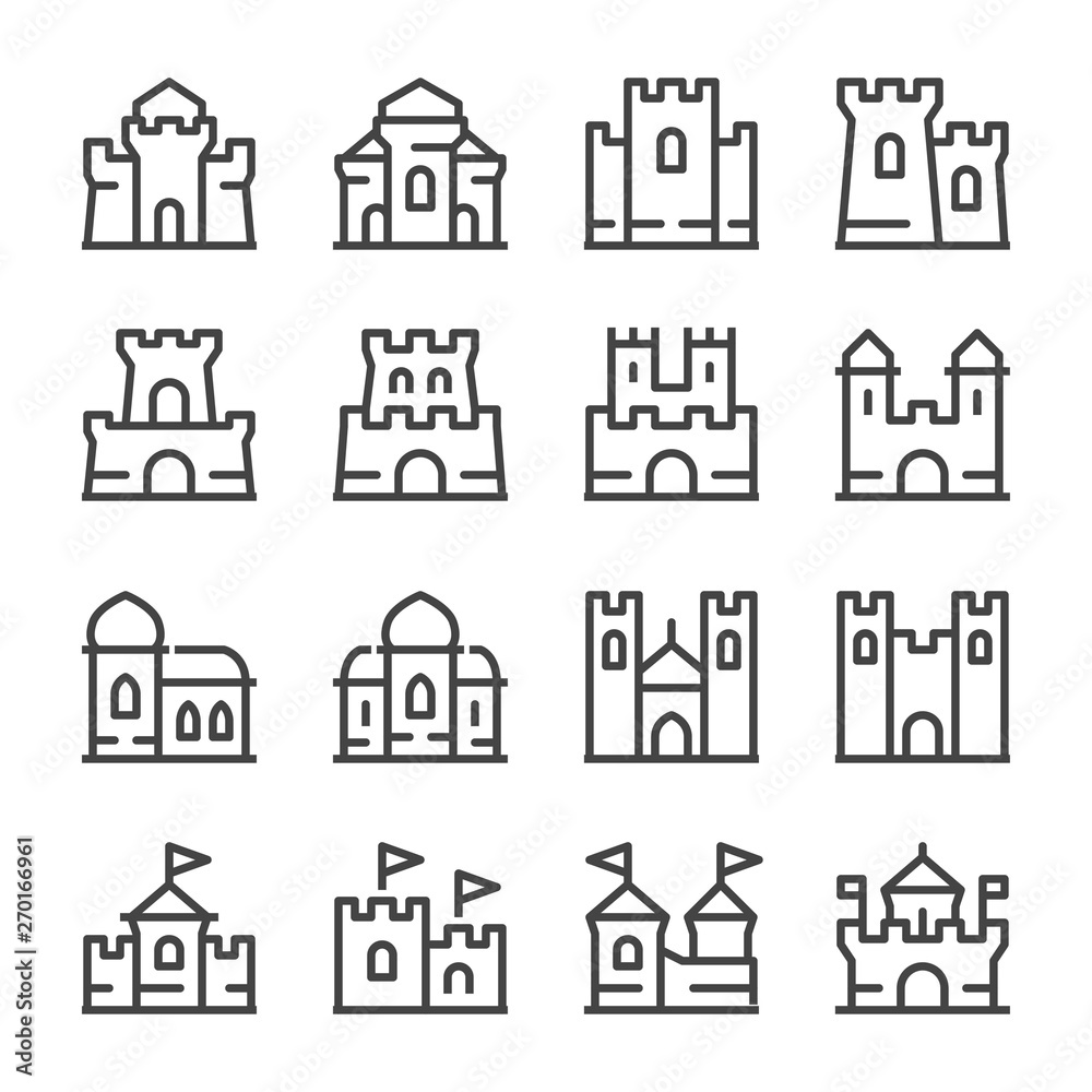 castle and citadel thin line icon set,vector and illustration