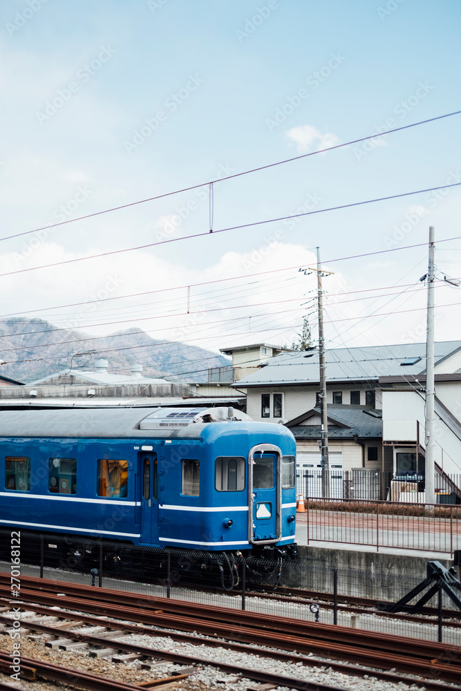 blue train and sky in railway of Japan blue train and sky in railway of Japan