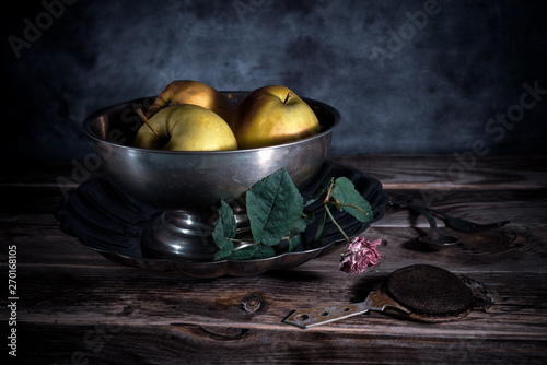 Fototapeta Still life with melchior bowl, apples and vintage cutlery