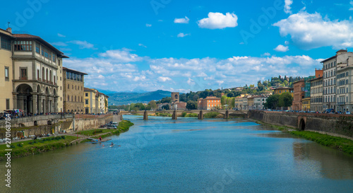 Florence, Tuscany / Italy: River Arno seen from Ponte Vecchio with the Uffizi Gallery on the left