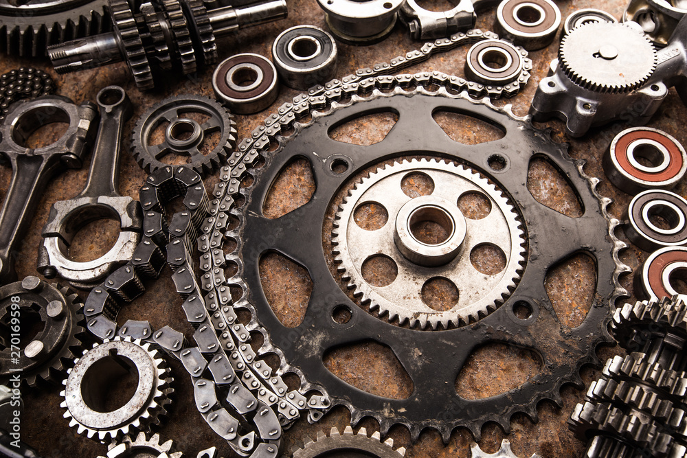 Various car parts and accessories, on metal  background - Image