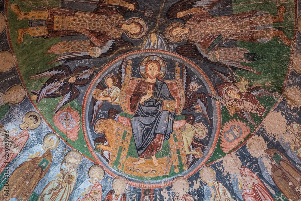 Fresco in abandoned cave church of the Cross Crusader Church at Rose valley in Cappadocia region Fresco in abandoned cave church of the Cross Crusader Church at Rose valley in Cappadocia region