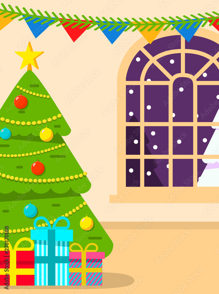 Christmas tree interior decorated living room with gifts.Flat vector.