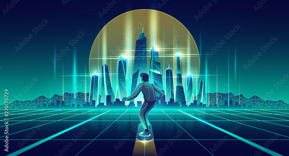 Skateboarding in virtual reality cartoon vector background. Man flying on  levitating skateboard under glossy surface with glowing neon grid to  futuristic metropolis skyscrapers on horizon illustration Stock Vector |  Adobe Stock