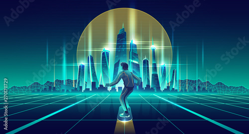 Skateboarding in virtual reality cartoon vector background. Man flying on levitating skateboard under glossy surface with glowing neon grid to futuristic metropolis skyscrapers on horizon illustration