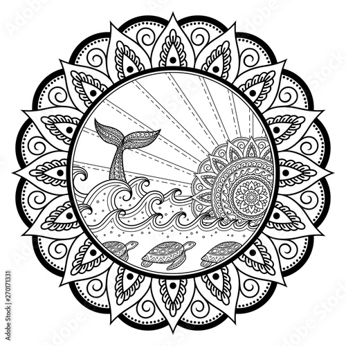 Whale diving into sea against the sunset. Ocean landscape with waves, mandala in form of sun, fish tail. Coloring book page for children and adults.