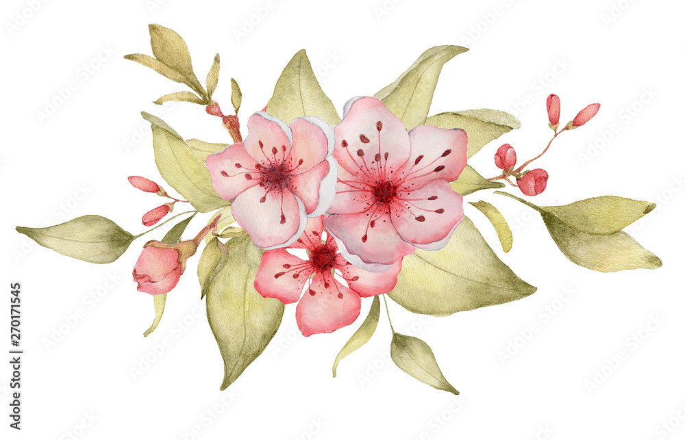 Naklejka premium Sakura flowers watercolor illustration. Blossom petal bouquet 