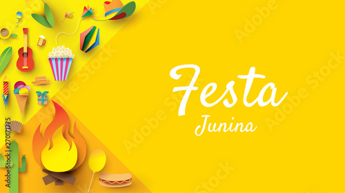 Festa Junina festival design on paper art and flat style with Party Flags and Paper Lantern, Can use for Greeting Card, Invitation or Holiday Poster. - Vector