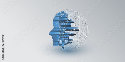      Smart City, Automated Digital Control, Deep Learning, Artificial Intelligence and Future Technology Concept Design with Network Connections, Cityscape and Human Head 