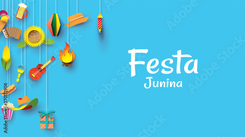 Festa Junina festival design on paper art and flat style with Party Flags and Paper Lantern, Can use for Greeting Card, Invitation or Holiday Poster. - Vector photo