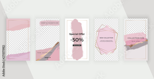 Editable stories templates for social media banners with watercolor brush stroke texture, polygonal line frame and marble texture. Modern covers design for poster, greeting, wedding invitation, flyers