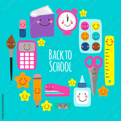 Cute bright eye-catching Back to school frame design with colorful funny cartoon characters, education theme background