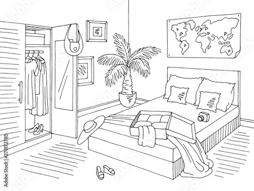 Bedroom graphic open bag black white home interior sketch illustration vector