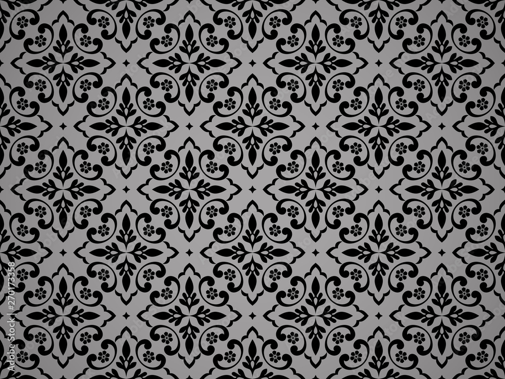 Wallpaper in the style of Baroque. Seamless vector background. Black floral ornament. Graphic pattern for fabric, wallpaper, packaging. Ornate Damask flower ornament Wallpaper in the style of Baroque. Seamless vector background. Black floral ornament. Graphic pattern for fabric, wallpaper, packaging. Ornate Damask flower ornament