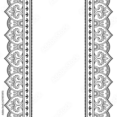 Set of seamless border ornament for design, Henna drawing, Mehndi and tattoo. Decorative pattern in ethnic oriental, Indian style. Doodle ornament. Outline hand draw vector illustration.