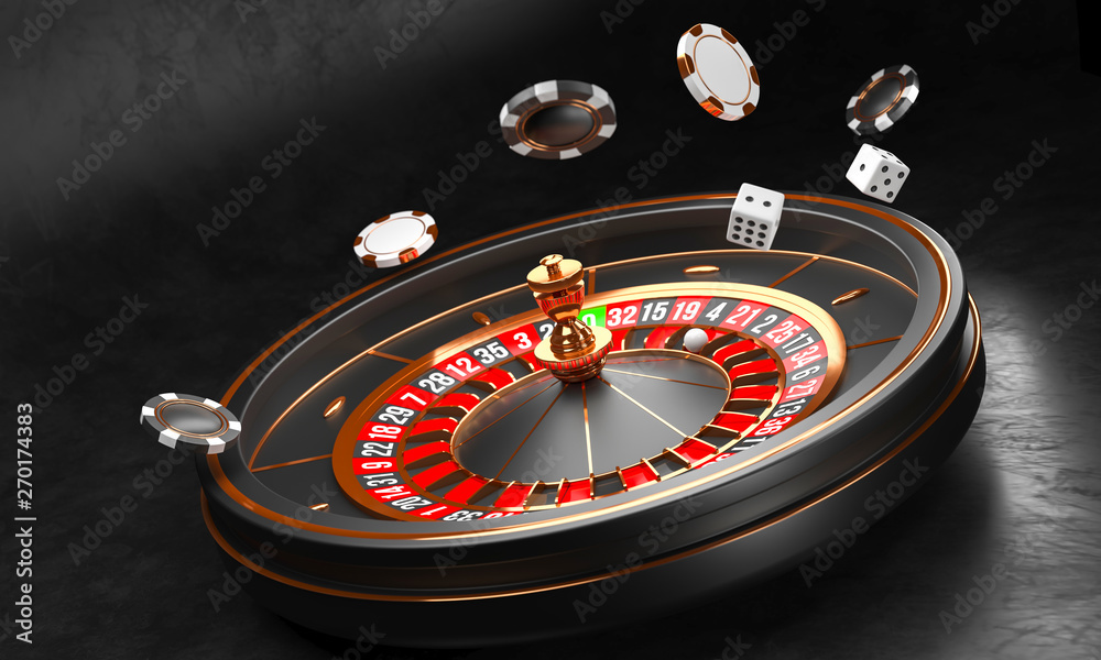 Casino background. Luxury Casino roulette wheel on black background. Casino theme. Close-up white casino roulette with a ball, chips and dice. Poker game table. 3d rendering illustration. Casino background. Luxury Casino roulette wheel on black background. Casino theme. Close-up white casino roulette with a ball, chips and dice. Poker game table. 3d rendering illustration.