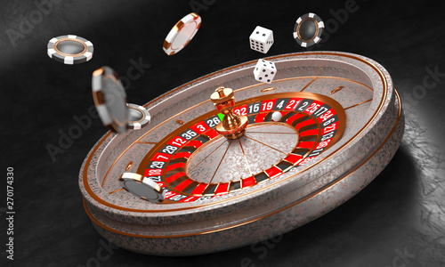 Casino background. Luxury Casino roulette wheel on black background. Casino theme. Close-up white casino roulette with a ball, chips and dice. Poker game table. 3d rendering illustration.