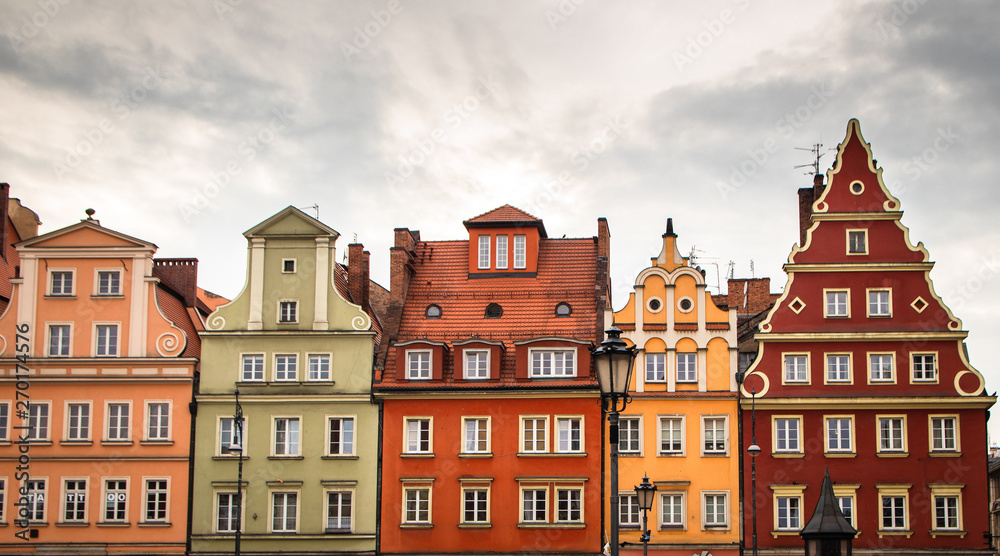 Old colorful buildings on a market square (rynek) in a old town Wroclaw, city with the most colorful Market squares.