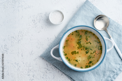 Photos chicken soup, scandinavian homemade food with on blue stone table, copy space, t