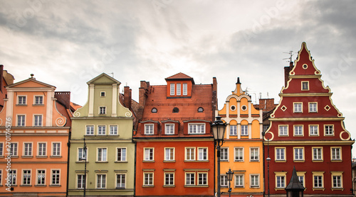 Old colorful buildings on a market square (rynek) in a old town Wroclaw, city with the most colorful Market squares.