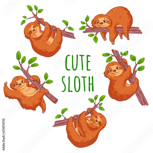 Cute cartoon sloths set. Animal vector illustration.  It can be used for sticker, patch, phone case, print, poster, baby shower design, t-shirt, holiday or party decor